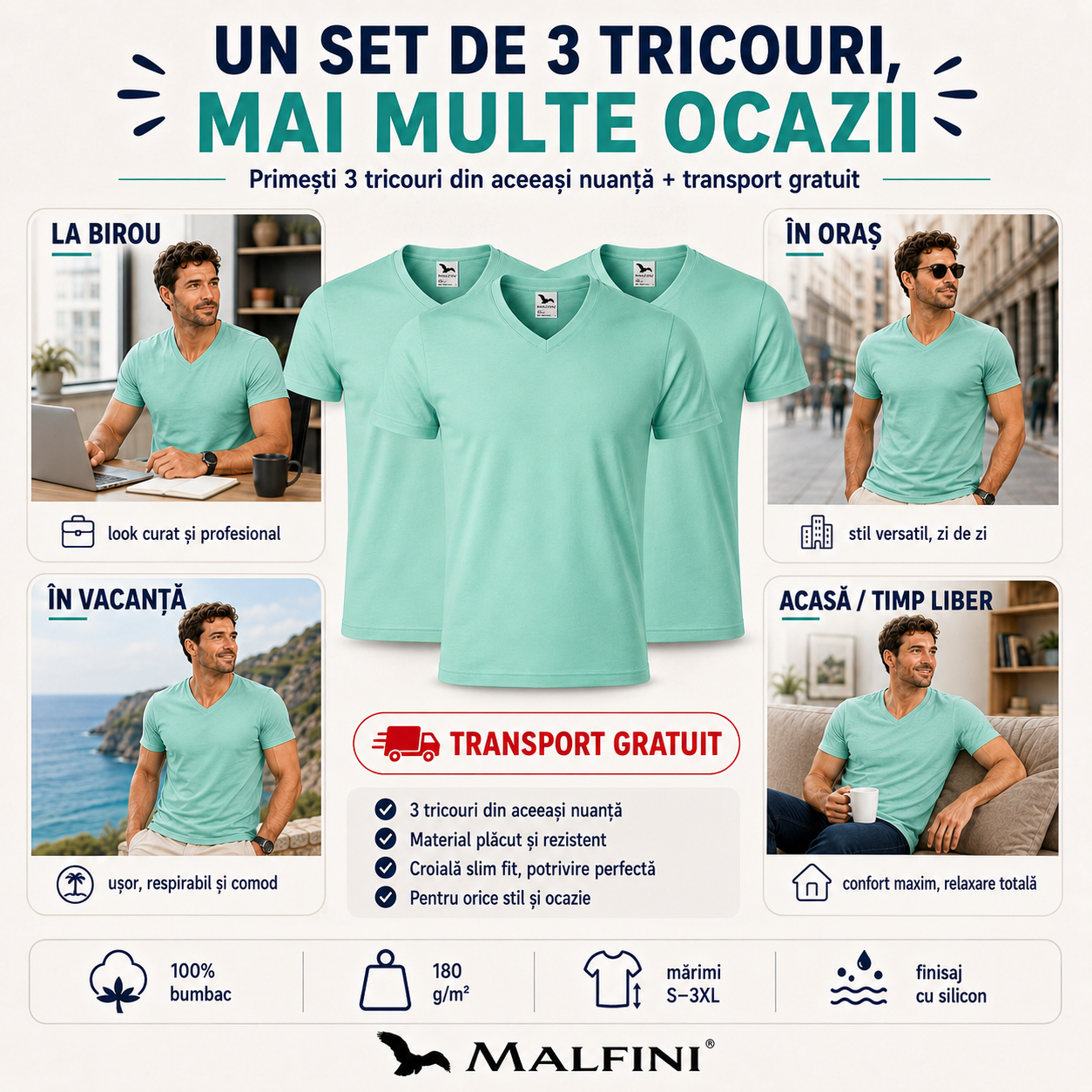 Set 3 tricouri bărbați cu guler &icirc;n V pentru birou, timp liber, evenimente casual și personalizare